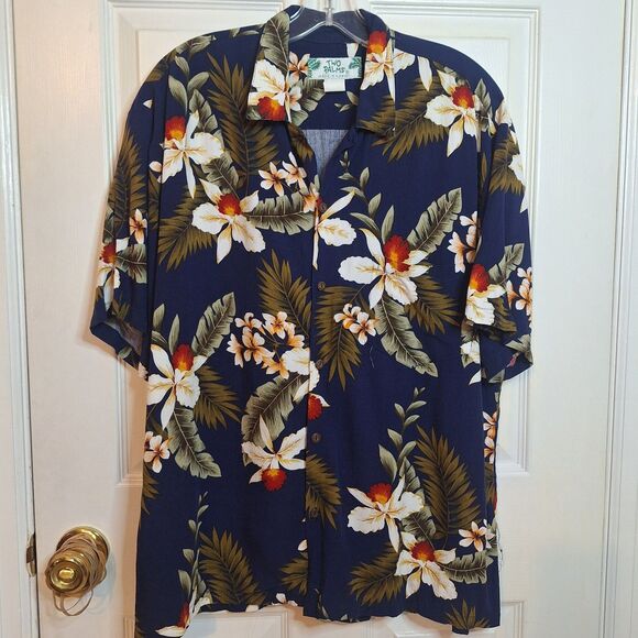 Two Palms Vintage Blue Floral Hawaiian Shirt Hibiscus Tropical Beach Size L - Picture 1 of 9